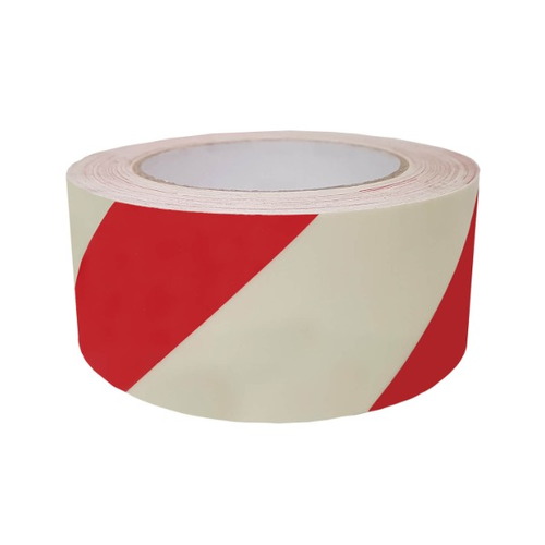 Rollo de cinta señalización adhesiva fotoluminiscente luminiscente serigrafiada en franjas oblicuas. Medidas: 50mm x 12,5m. Cintas oblicua roja, oblicua negra