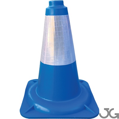 Cono azul de señalización 1 pieza 45 cm de PVC blando con camisa Réflex de 20 cm. Peso: 1,250 kg. Base cono: 30x30 cm.