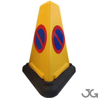 90109C Cono informativo 3 caras Prohibido Aparcar Cono señalización amarillo prohibido estacionar o aparcar, 1 pieza 50 cm, con camisa amarilla R308 PE con base triangular de PVC, para delimitar zonas restringidas al aparcamiento