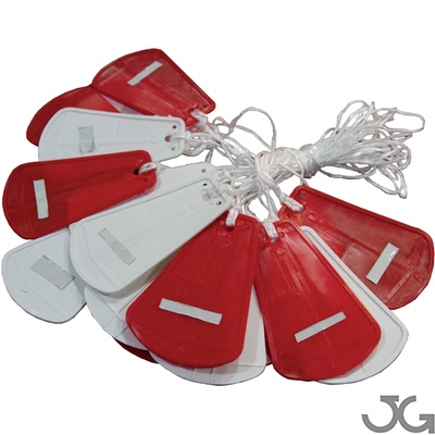 Banderolas quitamiedos plástico (TB13) con o sin reflectante. Bolsas de 10m con 10 guirnaldas rojas y 10 blancas unidas entre ellas con un cordón.