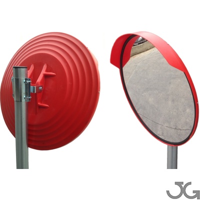 Espejo acrílico de lente convexa para exterior. Espejo construido con un armazón de polipropileno rojo. Espejo convexo para señalización seguridad y vigilancia de 40, 60, 80 cm.