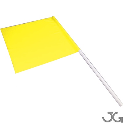 Bandera amarilla de señalización de peligro, con mango de madera y la tela amarilla de poliéster. Medidas de la bandera aproximadamente de 47x48cm. Mango de madera Ø20mm con palo de 90cm.
