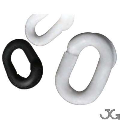 Eslabones de plástico para unión de cadenas. Anillas de enganche para cadenas PVC. Disponibles en blanco o negro. Medidas de 6 y 8mm.