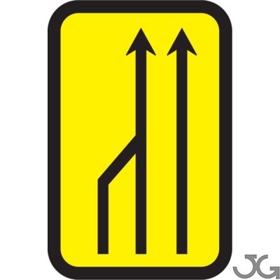 Señal de obras reducción carril por la izquierda (3 a 2). Fondo amarillo. Placa rectangular fabricada en acero galvanizado, con espesor de la chapa  1,5 mm,