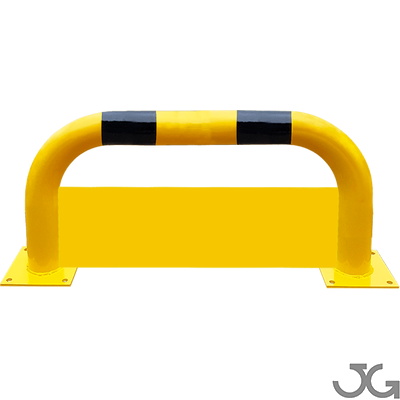 Barrera o arco de protección de acero con placa antiempotramiento Barandilla metálica (fabricada en acero) o arco de protección con placa antiempotramiento para interior de recintos, lacado al horno en amarillo y franjas en vinilo negro. Diámetro: 76 mm. Bolardo protector de personas