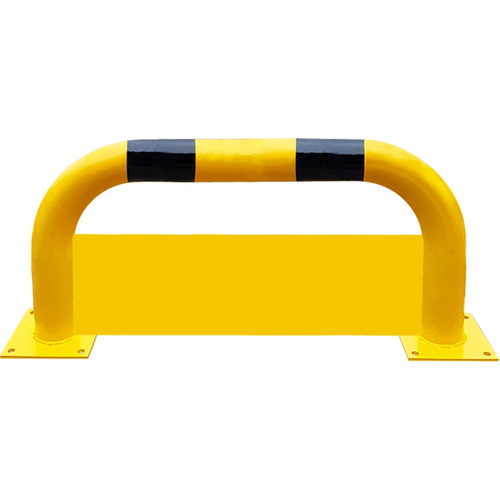 Barandilla metálica (fabricada en acero) o arco de protección con placa antiempotramiento para interior de recintos, lacado al horno en amarillo y franjas en vinilo negro. Diámetro: 76 mm. Bolardo protector de personas