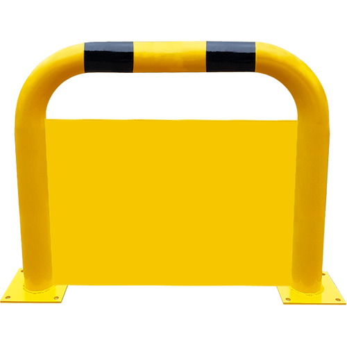 Barandilla metálica (fabricada en acero) o arco de protección con placa antiempotramiento para interior de recintos, lacado al horno en amarillo y franjas en vinilo negro. Diámetro: 76 mm. Bolardo protector de personas