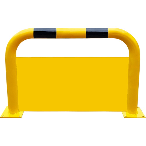 Barandilla metálica (fabricada en acero) o arco de protección con placa antiempotramiento para interior de recintos, lacado al horno en amarillo y franjas en vinilo negro. Diámetro: 76 mm. Bolardo protector de personas