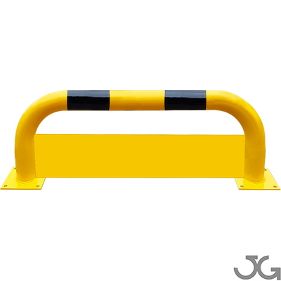 Barrera o arco de protección de acero con placa antiempotramiento Barandilla metálica (fabricada en acero) o arco de protección con placa antiempotramiento para interior de recintos, lacado al horno en amarillo y franjas en vinilo negro. Diámetro: 76 mm. Bolardo protector de personas