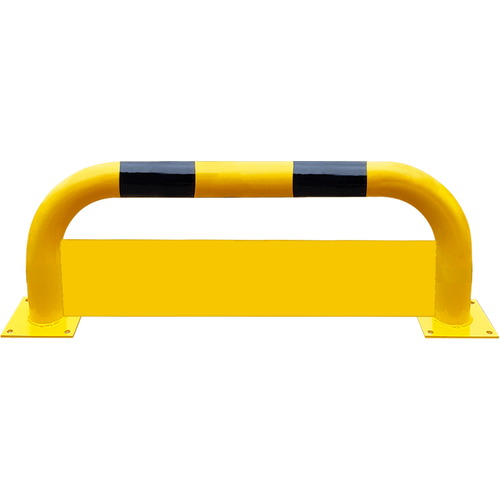Barandilla metálica (fabricada en acero) o arco de protección con placa antiempotramiento para interior de recintos, lacado al horno en amarillo y franjas en vinilo negro. Diámetro: 76 mm. Bolardo protector de personas
