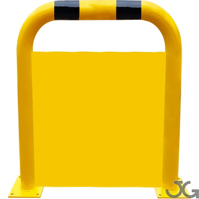 Barrera o arco de protección de acero con placa antiempotramiento Barandilla metálica (fabricada en acero) o arco de protección con placa antiempotramiento para interior de recintos, lacado al horno en amarillo y franjas en vinilo negro. Diámetro: 76 mm. Bolardo protector de personas