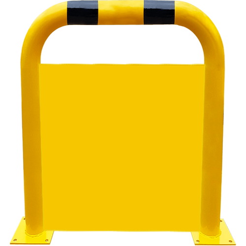 Barandilla metálica (fabricada en acero) o arco de protección con placa antiempotramiento para interior de recintos, lacado al horno en amarillo y franjas en vinilo negro. Diámetro: 76 mm. Bolardo protector de personas