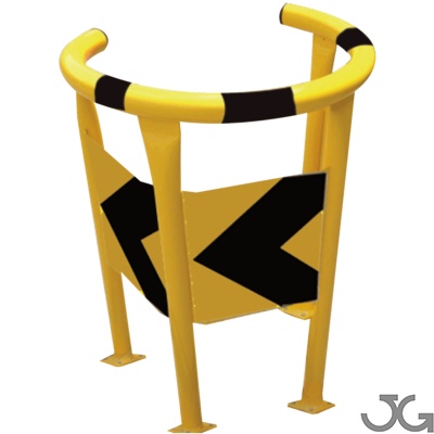 Protector circular de farolas o pilares, fabricado en acero galvanizado lacado amarillo con flechas negras. Protector para farolas circular de Ø700mm, 4 patas de tubo galvanizado Ø60x1.5mm, de altura 1000 mm y 3 chapas lisas  para balizamiento. Dichas cha