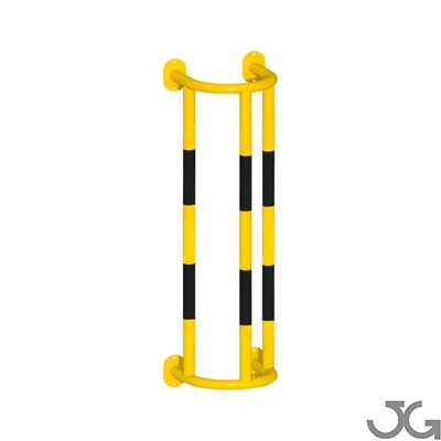 Protector de tuberías o pilares Barandilla metálica (fabricada en acero) o arco de protección con placa antiempotramiento para interior de recintos, lacado al horno en amarillo y franjas en vinilo negro. Diámetro: 76 mm. Bolardo protector de personas