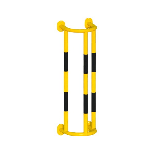 Barandilla metálica (fabricada en acero) o arco de protección con placa antiempotramiento para interior de recintos, lacado al horno en amarillo y franjas en vinilo negro. Diámetro: 76 mm. Bolardo protector de personas