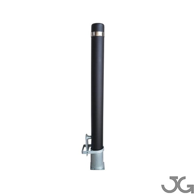 719EX Bolardo extraíble de acero con franja de inoxidable, incluye base y llave Bolardo metálico extraíble lacado en negro con banda inoxidable, incluiye base y llave para su extracción. Pilona extraible