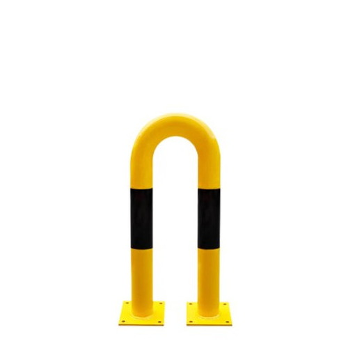 Barandilla metálica (fabricada en acero) o protección de arco lineal para interior de recintos, lacado al horno en amarillo y franjas en vinilo negro. Diámetro: 76 mm. Bolardo protector de personas