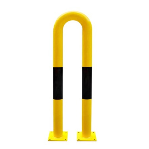 Barandilla metálica (fabricada en acero) o protección de arco lineal para interior de recintos, lacado al horno en amarillo y franjas en vinilo negro. Diámetro: 76 mm. Bolardo protector de personas