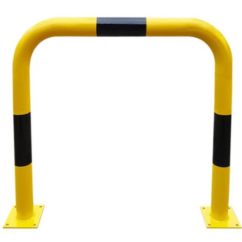 Barandilla metálica (fabricada en acero) o protección de arco lineal para interior de recintos, lacado al horno en amarillo y franjas en vinilo negro. Diámetro: 76 mm. Bolardo protector de personas