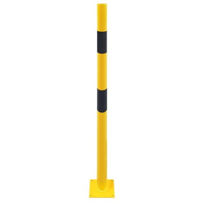 Bolardo pilona protector metálico para interior de recintos. Fabricado en acero, lacado al horno en amarillo y franjas en vinilo negro. Altura: 1metro. Bolardos de seguridad industrial. Disponible en diferentes diámetros.