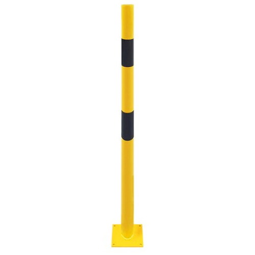 Bolardo pilona protector metálico para interior de recintos. Fabricado en acero, lacado al horno en amarillo y franjas en vinilo negro. Altura: 1metro. Bolardos de seguridad industrial. Disponible en diferentes diámetros.