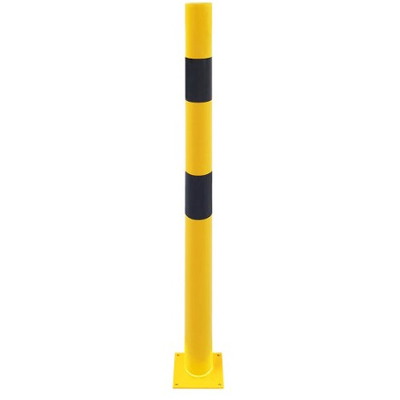 Bolardo pilona protector metálico para interior de recintos. Fabricado en acero, lacado al horno en amarillo y franjas en vinilo negro. Altura: 1metro. Bolardos de seguridad industrial. Disponible en diferentes diámetros.