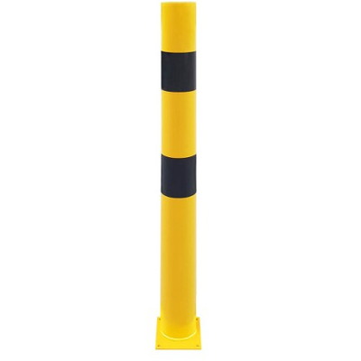 Bolardo pilona protector metálico para interior de recintos. Fabricado en acero, lacado al horno en amarillo y franjas en vinilo negro. Altura: 1metro. Bolardos de seguridad industrial. Disponible en diferentes diámetros.