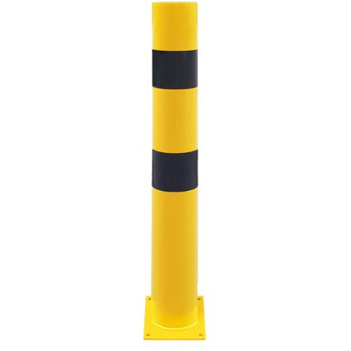 Bolardo pilona protector metálico para interior de recintos. Fabricado en acero, lacado al horno en amarillo y franjas en vinilo negro. Altura: 1metro. Bolardos de seguridad industrial. Disponible en diferentes diámetros.