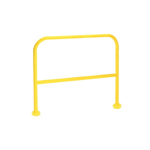 Barandilla metálica (fabricada en acero) o arco de protección con placa antiempotramiento para interior de recintos, lacado al horno en amarillo y franjas en vinilo negro. Diámetro: 76 mm. Bolardo protector de personas