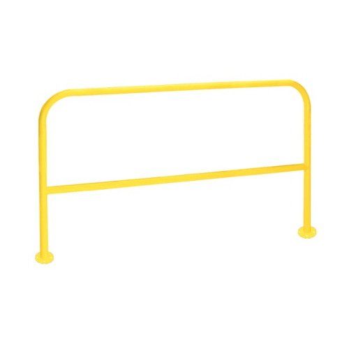 Barandilla metálica (fabricada en acero) o arco de protección con placa antiempotramiento para interior de recintos, lacado al horno en amarillo y franjas en vinilo negro. Diámetro: 76 mm. Bolardo protector de personas