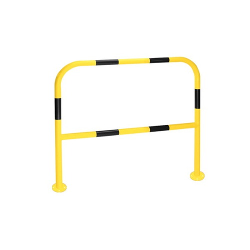 Barandilla metálica (fabricada en acero) o arco de protección con placa antiempotramiento para interior de recintos, lacado al horno en amarillo y franjas en vinilo negro. Diámetro: 76 mm. Bolardo protector de personas