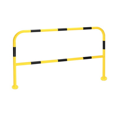 Barandilla metálica (fabricada en acero) o arco de protección con placa antiempotramiento para interior de recintos, lacado al horno en amarillo y franjas en vinilo negro. Diámetro: 76 mm. Bolardo protector de personas