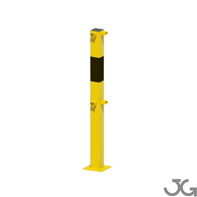 Barrera de seguridad Barandilla metálica (fabricada en acero) o arco de protección con placa antiempotramiento para interior de recintos, lacado al horno en amarillo y franjas en vinilo negro. Diámetro: 76 mm. Bolardo protector de personas