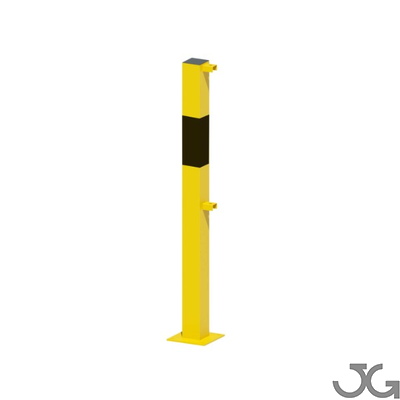 Barrera de seguridad Barandilla metálica (fabricada en acero) o arco de protección con placa antiempotramiento para interior de recintos, lacado al horno en amarillo y franjas en vinilo negro. Diámetro: 76 mm. Bolardo protector de personas