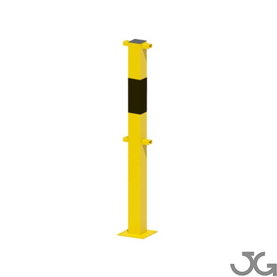 Barrera de seguridad Barandilla metálica (fabricada en acero) o arco de protección con placa antiempotramiento para interior de recintos, lacado al horno en amarillo y franjas en vinilo negro. Diámetro: 76 mm. Bolardo protector de personas