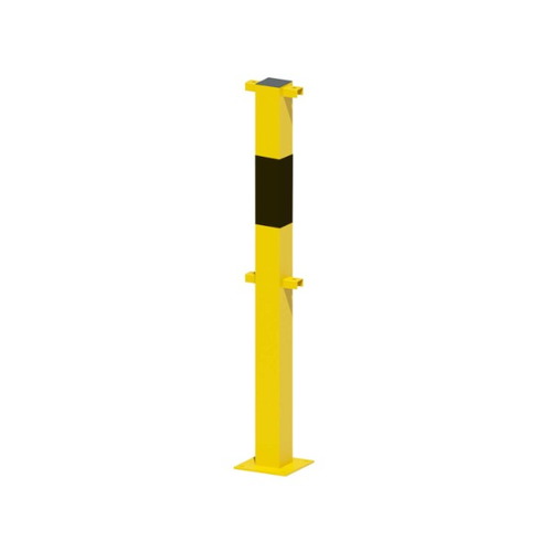 Barandilla metálica (fabricada en acero) o arco de protección con placa antiempotramiento para interior de recintos, lacado al horno en amarillo y franjas en vinilo negro. Diámetro: 76 mm. Bolardo protector de personas