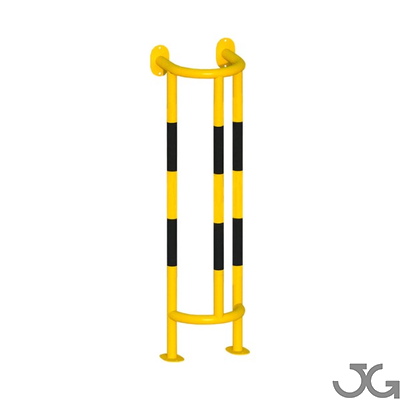 Protector de tuberías o pilares Barandilla metálica (fabricada en acero) o arco de protección con placa antiempotramiento para interior de recintos, lacado al horno en amarillo y franjas en vinilo negro. Diámetro: 76 mm. Bolardo protector de personas