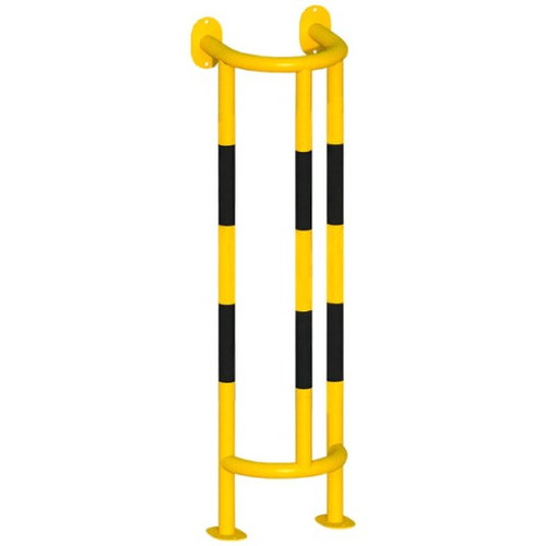 Barandilla metálica (fabricada en acero) o arco de protección con placa antiempotramiento para interior de recintos, lacado al horno en amarillo y franjas en vinilo negro. Diámetro: 76 mm. Bolardo protector de personas
