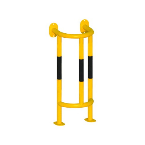 Barandilla metálica (fabricada en acero) o arco de protección con placa antiempotramiento para interior de recintos, lacado al horno en amarillo y franjas en vinilo negro. Diámetro: 76 mm. Bolardo protector de personas