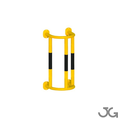 Protector de tuberías o pilares Barandilla metálica (fabricada en acero) o arco de protección con placa antiempotramiento para interior de recintos, lacado al horno en amarillo y franjas en vinilo negro. Diámetro: 76 mm. Bolardo protector de personas