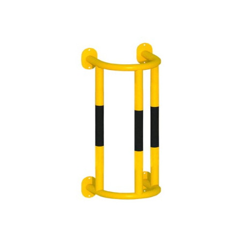 Barandilla metálica (fabricada en acero) o arco de protección con placa antiempotramiento para interior de recintos, lacado al horno en amarillo y franjas en vinilo negro. Diámetro: 76 mm. Bolardo protector de personas