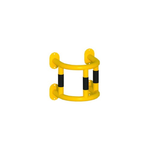 Barandilla metálica (fabricada en acero) o arco de protección con placa antiempotramiento para interior de recintos, lacado al horno en amarillo y franjas en vinilo negro. Diámetro: 76 mm. Bolardo protector de personas