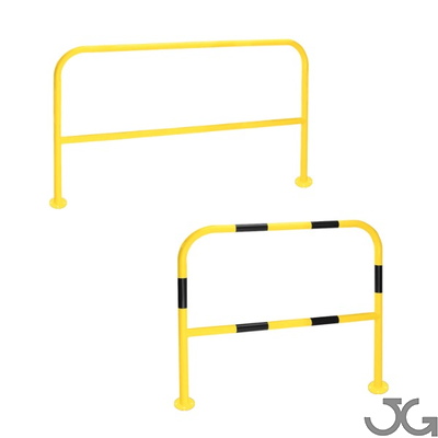 Barandilla metálica (fabricada en acero) o arco de protección con placa antiempotramiento para interior de recintos, lacado al horno en amarillo y franjas en vinilo negro. Diámetro: 76 mm. Bolardo protector de personas