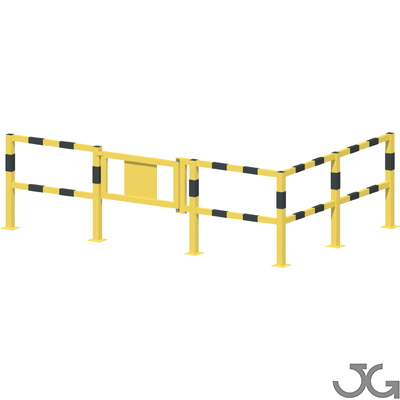 Barrera de seguridad Barandilla metálica (fabricada en acero) o arco de protección con placa antiempotramiento para interior de recintos, lacado al horno en amarillo y franjas en vinilo negro. Diámetro: 76 mm. Bolardo protector de personas