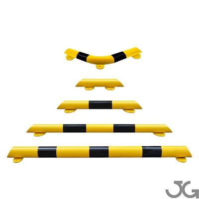 Barrera bordillo. Protección para zócalos para interior de recintos de 80mm de altura, fabricado en acero lacado al horno en amarillo y franjas en vinilo negro.
