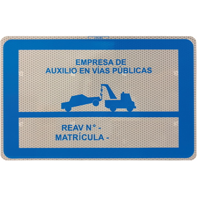 591A V24 Placa grúa de servicio de auxilios en carretera Placa V-24 grúa de servicio de auxilios en carretera. Placa de aluminio de 1,4mm. Rotulado en reflectante nivel 2, negro y azul. Medidas 340 x 220mm.