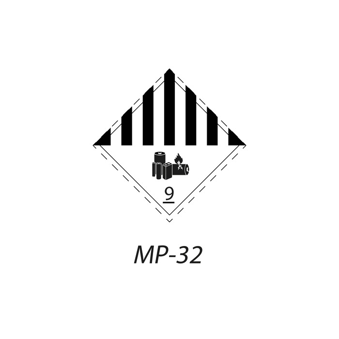 MP-32 Peligros de Clase 9A MATERIAS Y OBJETOS
PELIGROSOS DIVERSOS – Pilas de litio Indique la señal de mercancia peligrosa que necesita